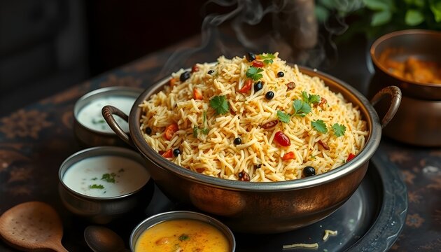 Hyderabadi biryani in copper handi with salan and raita, steam rising

