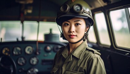 Asian Woman Pilot In Vintage Military Plane Determination with Courage, and and Adventure.