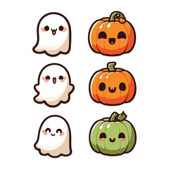 Kawaii Pumpkin and Ghost Vector Illustration Set with Sweet Expressions