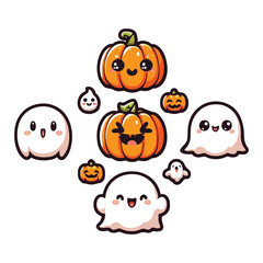 Halloween Vector Set with Cute Pumpkins, Funny Ghosts, and Warm Autumn Vibes