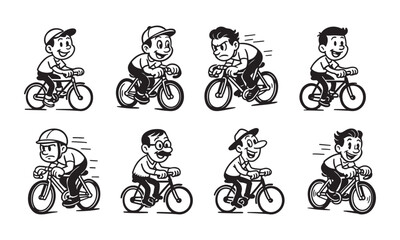 Engaging cartoon cyclists showcasing varied expressions, perfect for active lifestyle branding or playful design projects with a dynamic, sporty vibe