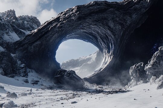 Frozen alien landscape with arching cavern