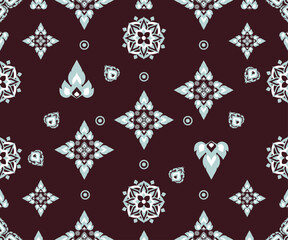 Elegant Folk Art Thai Ornamental Floral Pattern in Burgundy and Light Blue Vector Background