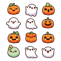 Cute Pumpkin and Ghost Vector Set with Adorable Smiling Faces for Halloween Design