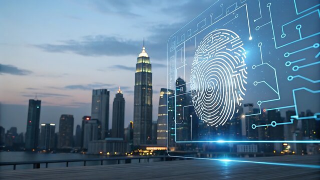 Fingerprint scan over a cityscape at twilight