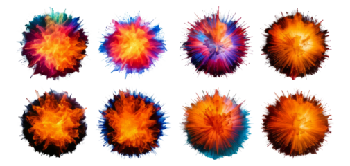 Colorful Explosions in Various Patterns and Vibrant Shades, Isolated on Transparent, white background