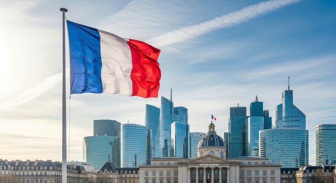 French flag waving in modern urban skyline - Powered by Adobe