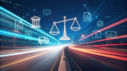 Balance scale with law and justice concept on road