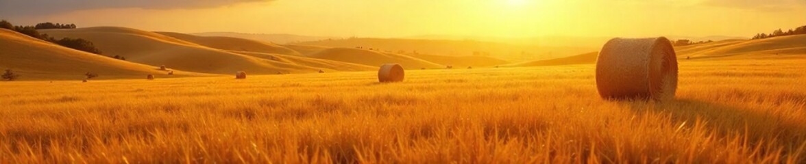 Golden Hour Wheat Field Rolling Hills of Ripe Hay Bales at Harvest Time