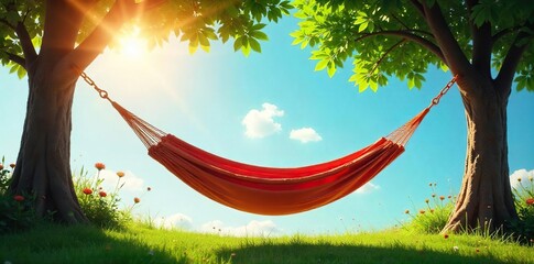 Peaceful Summer Siesta Relaxing in a Hammock Between Trees, Enjoying the Gentle Breeze and Warm Sunshine