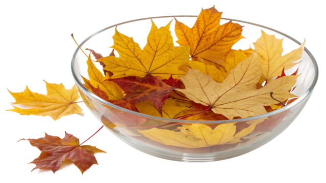 Autumn elegance – a glass bowl brimming with golden leaves cut out on PNG. AI GENERATED.