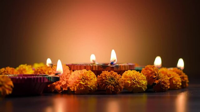 Beautiful Diwali Decoration with Glowing Diyas and Flowers.