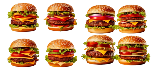 Gourmet hamburger collection with fresh ingredients and toppings, Isolated on Transparent, white background