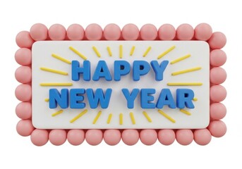 Festive happy new year sign with pink border and bright yellow rays