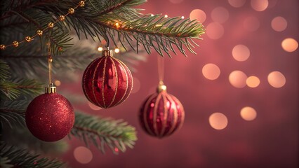 Close up of three red christmas ornaments hanging on a decorated evergreen tree with bokeh lights in the background