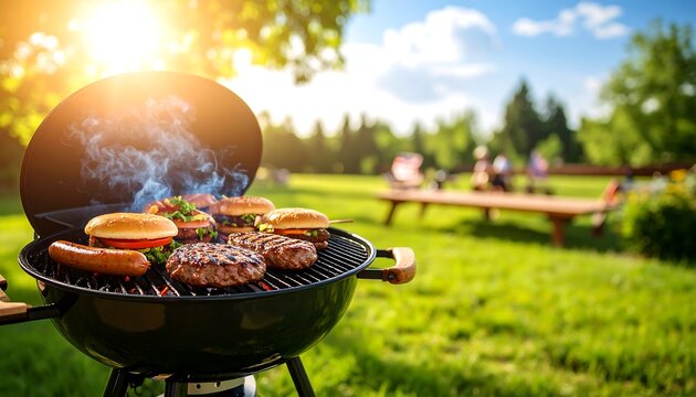 Backyard BBQ grill with burgers with sausages, and sun, and summer outdoor cooking concept.