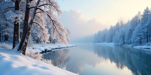 Tranquil Winter Wonderland Snow Covered Forest and Frozen Lake Reflecting Soft Light - Perfect for Holiday and Winter Projects