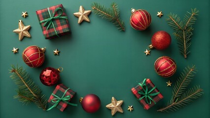 Festive christmas wreath arrangement with red ornaments plaid gift boxes and pine branches on a dark green background