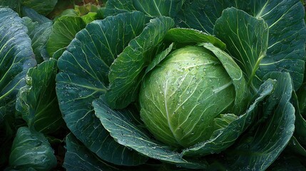 Obraz premium Fresh Green Cabbage – Organic Farm Vegetable with Dew Drops