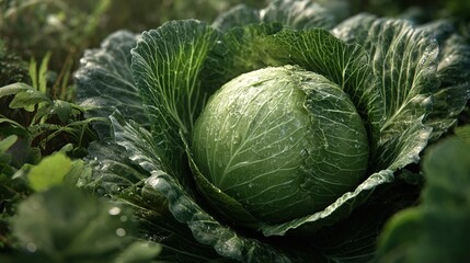 Fototapeta premium Fresh Green Cabbage – Organic Farm Vegetable with Dew Drops