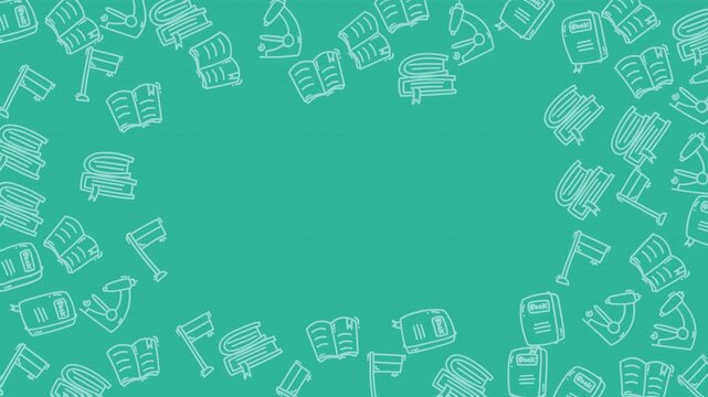 Teal school pattern background with books, flag and microscope illustrations. Ideal for educational presentations or websites.