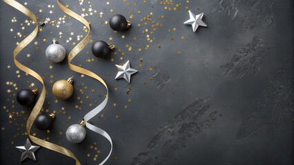 Elegant new year s eve celebration with gold and silver ribbons baubles and stars on a dark background