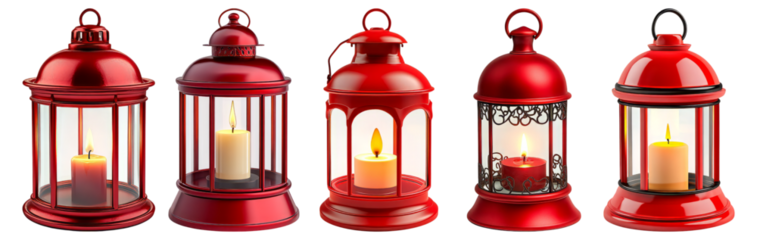 Elegant Red Lanterns with Candles for Warm Ambiance and Decor, Isolated on Transparent, white background