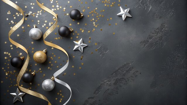 Elegant new year s eve celebration with gold and silver ribbons baubles and stars on a dark background
