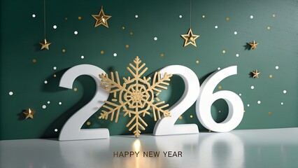 Large white numbers 226 decorated with a golden snowflake and festive stars on a dark green background