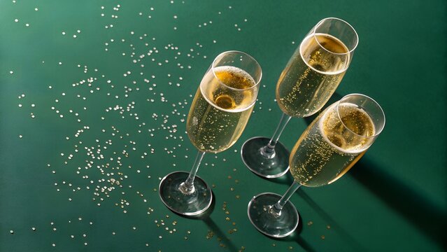 Four elegant champagne flutes filled with bubbly golden champagne and scattered confetti on a dark green background - Powered by Adobe