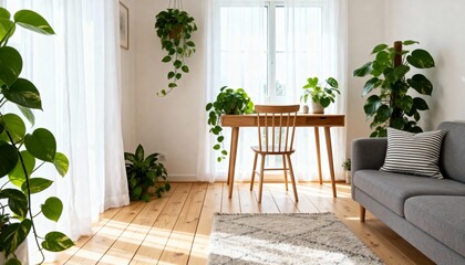 Bright living room with desk and sofa filled with plants interior home