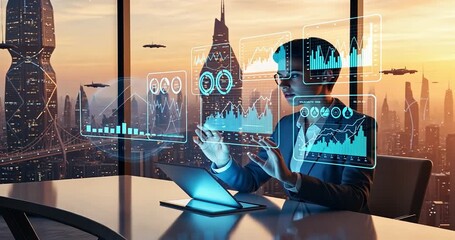 Business professional analyzing futuristic data graphs in a high-tech office with a city skyline - Powered by Adobe