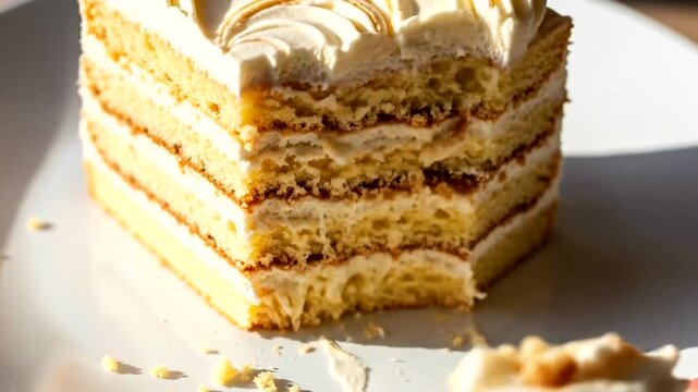 Delicious layered cake being sliced on a white plate, with soft lighting enhancing its texture