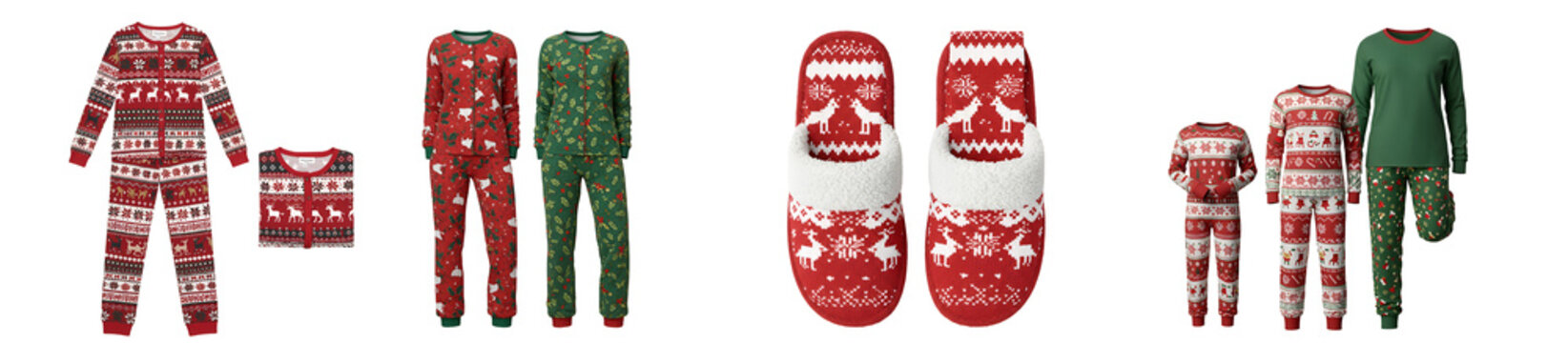 A collection of holiday themed pajamas and slippers featuring festive patterns and christmas designs on transparent background