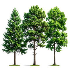 Obraz premium Group of three tall, green trees of varying types, with a black background