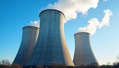 Immense Industrial Cooling Tower Steam Plume Against Azure Sky Energy Power Plant, Industrial Infrastructure, Environmental Impact