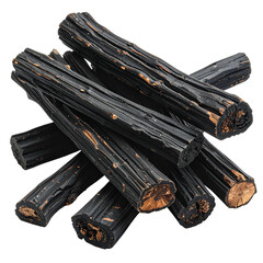 Dark, cylindrical, textured pieces resembling charred wood, piled atop each other