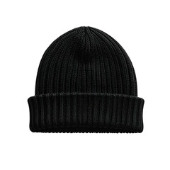 Solid black knitted beanie hat, ribbed texture, folded brim, isolated on black background