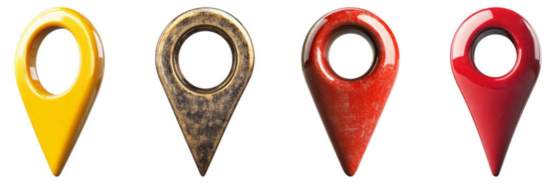 Collection of Colorful Location Markers in Various Styles and Textures, Isolated on Transparent Background
