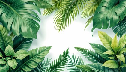 Vibrant border of tropical leaves frames a clean white center, ideal for nature, travel, wellness, and design projects needing a fresh, tropical aesthetic.