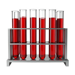 Several glass vials filled with red liquid sit in a metal rack on a black background