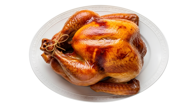 A perfectly roasted whole chicken, golden brown and juicy, tied with twine and presented on a white plate, isolated on transparent background