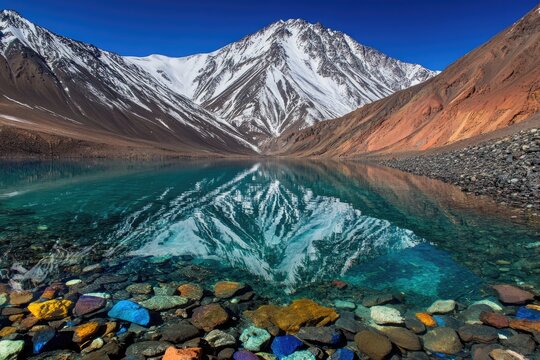 Serene mountain lake reflecting snow-capped peaks - Powered by Adobe