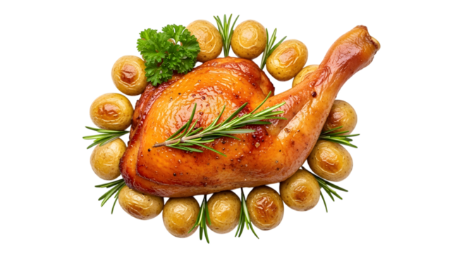 A delicious roasted chicken leg and thigh with small roasted potatoes and rosemary, isolated on transparent background