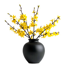 Vivid yellow forsythia branches burst forth from a sleek, matte black ceramic vase