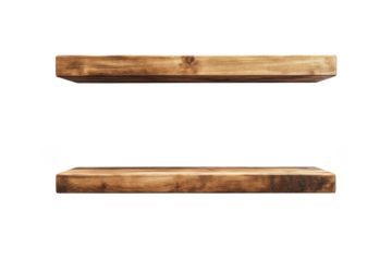 Rustic wooden shelves, wall mounted floating shelf, home decor, display shelf, wood texture, interior design, furniture isolated on transparent background