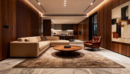 Luxurious Living Room with Wood Paneling and Sectional Sofa interior luxury