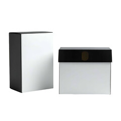 Two geometric product boxes a tall rectangular one and a shorter, wider one with a black top