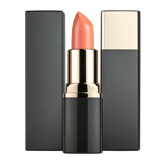 A vibrant lipstick with a peach hue, set against sleek black packaging