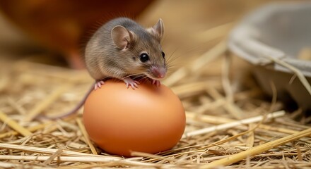 Mouse Perched Atop a Chicken Egg in Straw Nest.